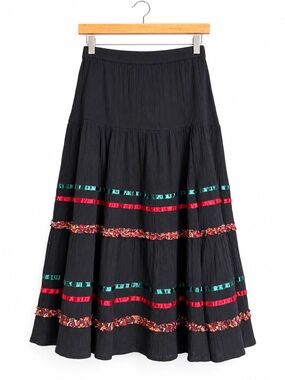 Vintage Black Tiered Maxi Skirt with Red & Green Ribbon Accents